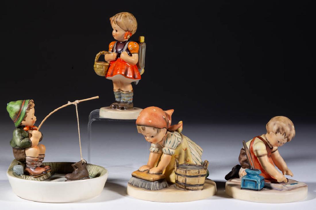 GERMAN GOEBEL HUMMEL CERAMIC FIGURES, LOT OF FOUR: GERMAN GOEBEL HUMMEL CERAMIC FIGURES, LOT OF FOUR, comprising a boy catching a boot with sticker "Just Fishing / Der Fischer" ( #373, TMK-6), a girl scrubbing the floor (#363, TMK-5), a boy drawing a
