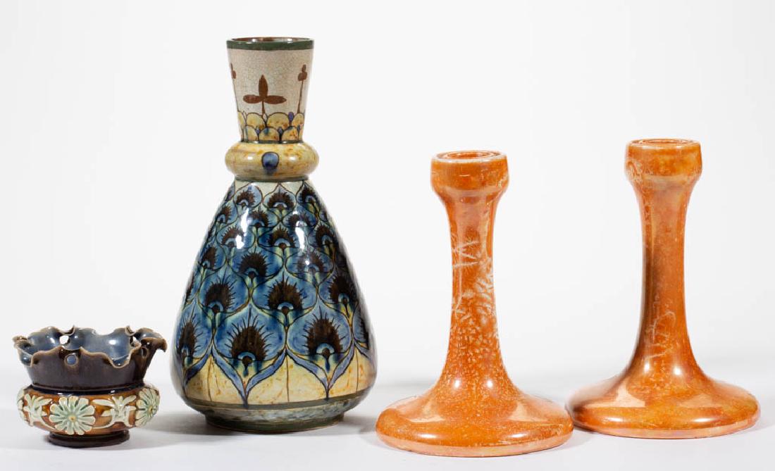 ENGLISH ART POTTERY ARTICLES, LOT OF FOUR: ENGLISH ART POTTERY ARTICLES, LOT OF FOUR, comprising a pair of 6 3/4" H orange lustre-glazed candlestick holders with impressed "RUSKIN" "1917" and "ENGLAND" on underside, one 9 1/4" H vase having li