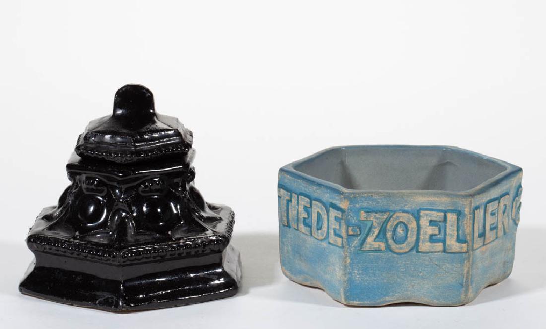 BATCHELDER ART POTTERY DISH: BATCHELDER ART POTTERY DISH, hexagonally shaped with light blue decoration, glazed interior and unglazed exterior, embossed "TIEDE-ZOELLER TILE CORP." on sides. Impressed mark "BATCHELDER TILES". Toge