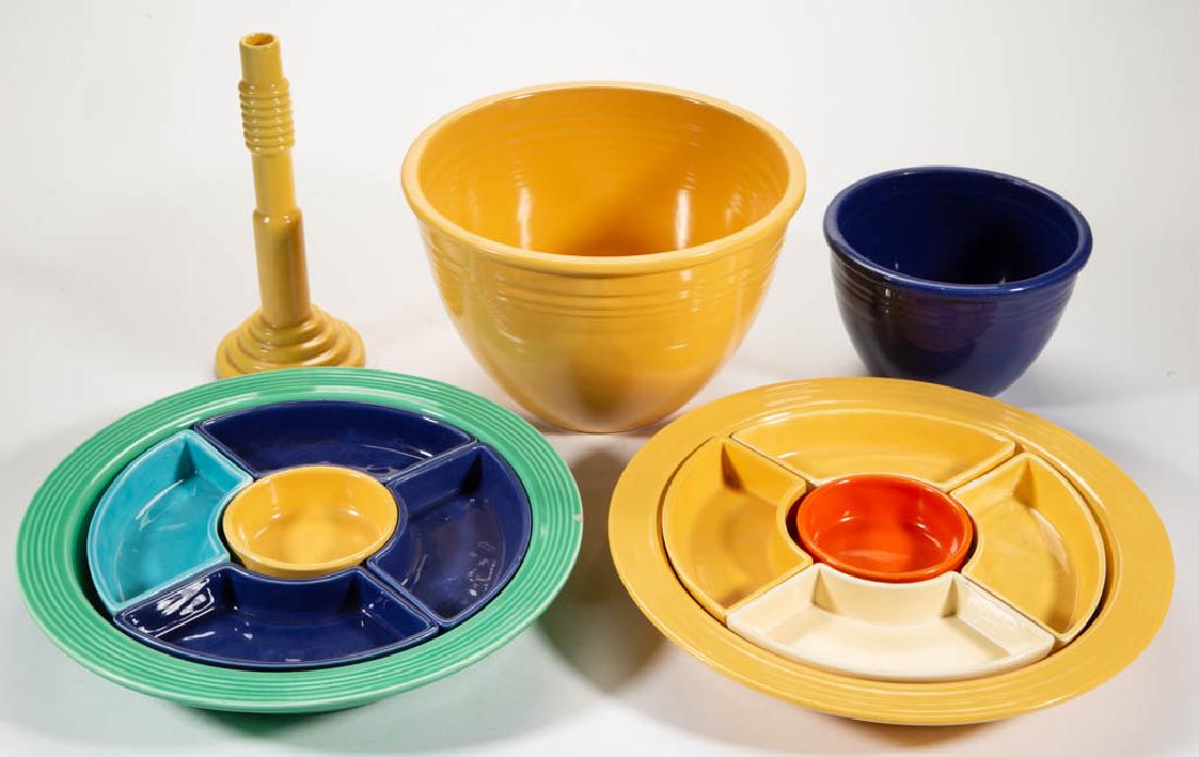 ASSORTED FIESTA WARE ARTICLES, LOT OF FOUR: ASSORTED FIESTA WARE ARTICLES, LOT OF FOUR, comprising two 10 7/8" D circular relish trays with various brightly colored inserts, one blue nesting bowl size #2, and one yellow nesting bowl size #5. Mo