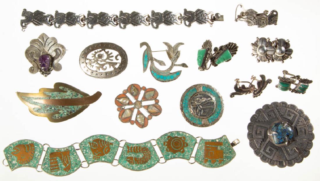 MEXICAN / TAXCO STERLING AND OTHER SILVER JEWELRY, LOT: MEXICAN / TAXCO STERLING AND OTHER SILVER JEWELRY, LOT OF 19, including 15 sterling pieces comprising a fish-patterned bracelet and earring set, two pairs of screw-back earrings, seven brooches, and a