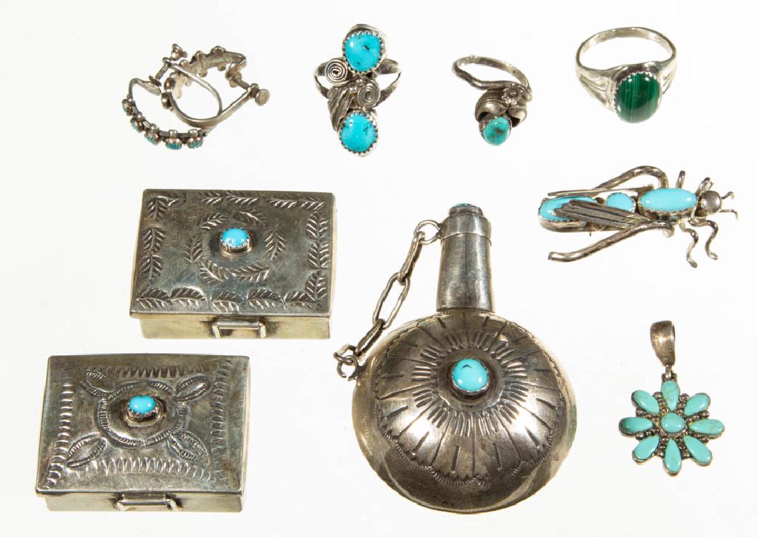NATIVE AMERICAN / SOUTHWESTERN-STYLE STERLING SILVER: NATIVE AMERICAN / SOUTHWESTERN-STYLE STERLING SILVER JEWELRY AND ARTICLES, LOT OF 9, comprising two pill boxes with stamped design, a grasshopper brooch/pin, a pair of screw-back earrings, a size 5 ri