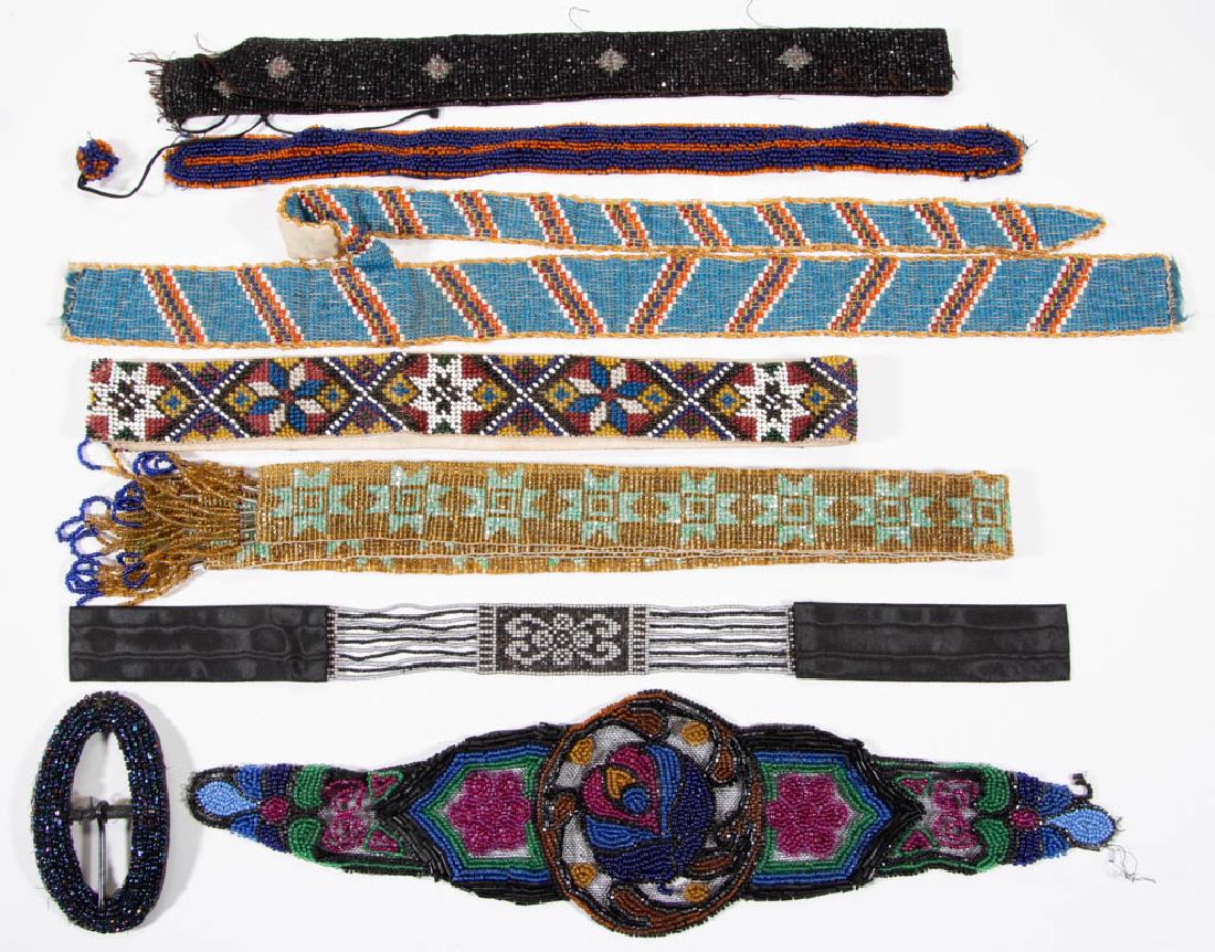 ART DECO MICRO-BEAD BELT AND OTHER ARTICLES, LOT EIGHT: ART DECO MICRO-BEAD BELT AND OTHER ARTICLES, LOT EIGHT, comprising a gold with green stars example, a multi-colored bead example stamped Anna Jordal Dr Agthandel; a blue iridescent oval-form clip; and