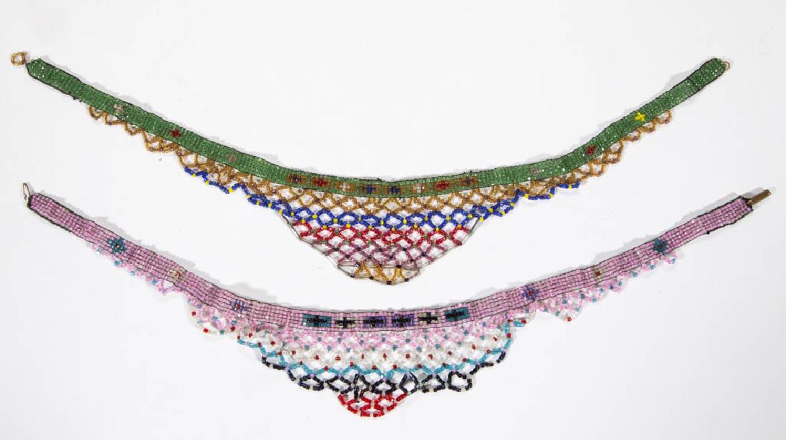 ART DECO / FLAPPER MICRO-BEAD CHOKER / NECKLACES, LOT: ART DECO / FLAPPER MICRO-BEAD CHOKER / NECKLACES, LOT OF TWO, various patterns of multi-colored beads creating a drop/v-form, each with brass clasp and loop. First half 20th century. 15 1/4" L. Excell