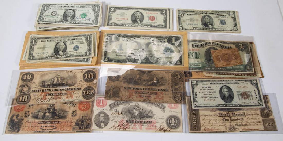 ASSORTED UNITED STATES OBSOLETE CURRENCY AND OTHER: ASSORTED UNITED STATES OBSOLETE CURRENCY AND OTHER NOTES, UNCOUNTED LOT, more than 90, including 1838 $100 Susquehanna Rail Road, 1860 $5 Bank of Lexington (NC), 1860 $10 South Carolina Bank, 1929 $20