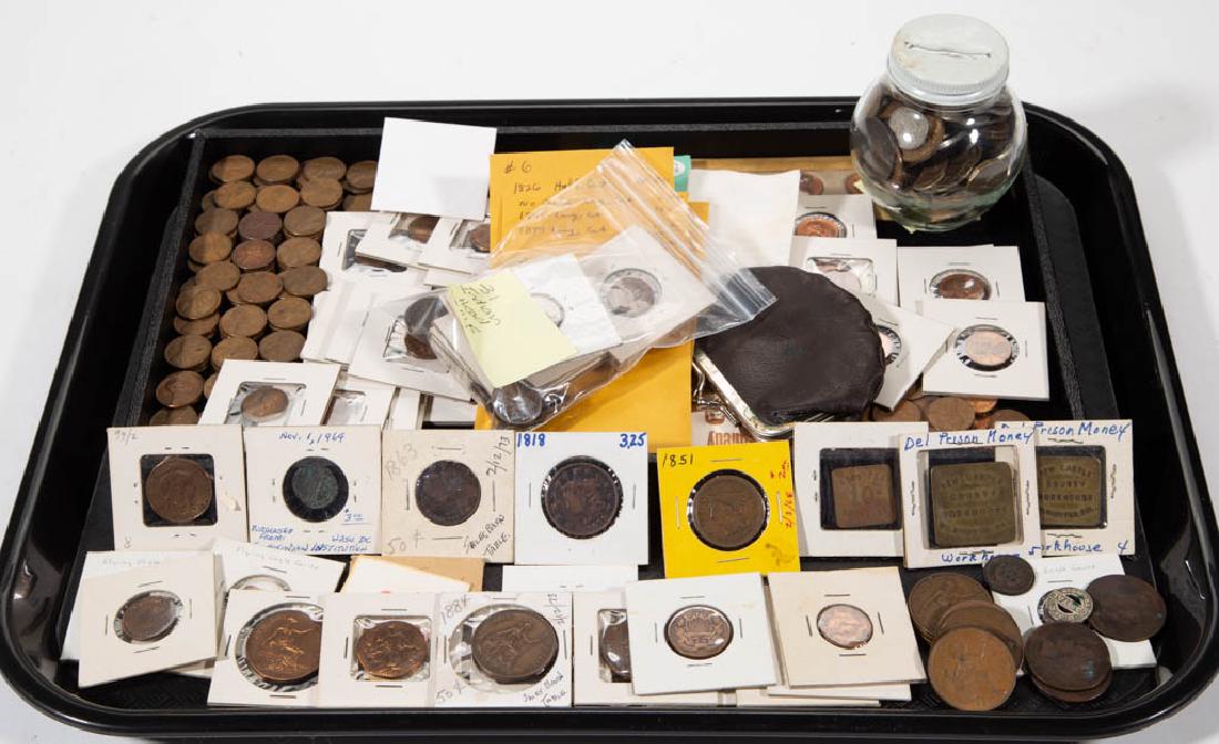 US AND FOREIGN COINS, UNCOUNTED LOT: US AND FOREIGN COINS, UNCOUNTED LOT, comprising 32 Indian Head pennies, three Flying Eagle pennies, five Large Cent pennies, two-cent US coin, off center Lincoln error penny, four steel pennies, two H