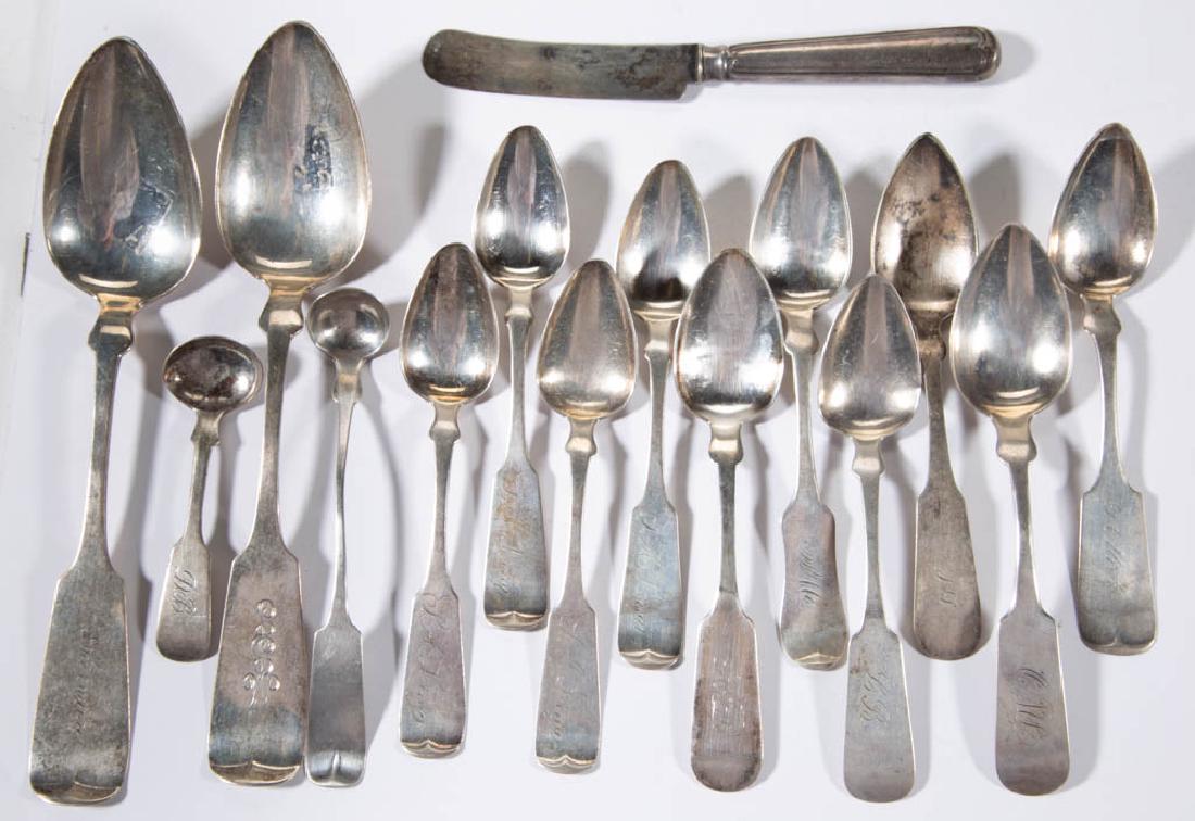 NEW YORK COIN SILVER FLATWARE, LOT OF 14: NEW YORK COIN SILVER FLATWARE, LOT OF 14, most having fiddle handles with pointed shoulders and personalized engravings, comprising two tablespoons by S.D. Brower & Son, a set of four teaspoons by Geo