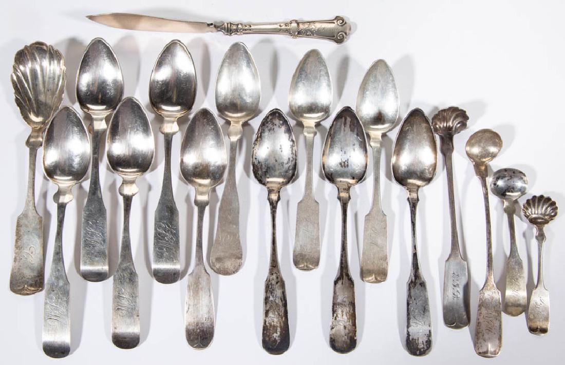 RICHMOND, VIRGINIA AND OTHER STERLING AND COIN SILVER: RICHMOND, VIRGINIA AND OTHER STERLING AND COIN SILVER FLATWARE, LOT OF 17, most having fiddle handles with pointed shoulders and personalized engravings, sterling pieces comprising a shell sugar spoon