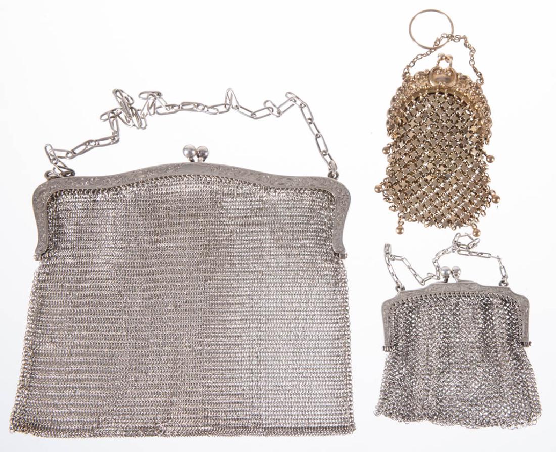 ASSORTED STERLING SILVER MESH PURSES, LOT OF THREE: ASSORTED STERLING SILVER MESH PURSES, LOT OF THREE, comprising a purse and a coin purse with chainmaille bags and chain straps having interlocked "JC" mark probably for John Chatellier, and a vermeil 
