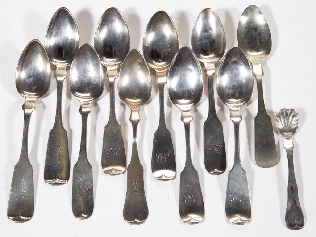 NEW YORK, OHIO, AND OTHER COIN SILVER SPOONS, LOT OF: NEW YORK, OHIO, AND OTHER COIN SILVER SPOONS, LOT OF TEN, each having a fiddle handle with pointed shoulders, comprising a set of four teaspoons by C. Bard & Son, a pair of teaspoons by Augustus Mathe