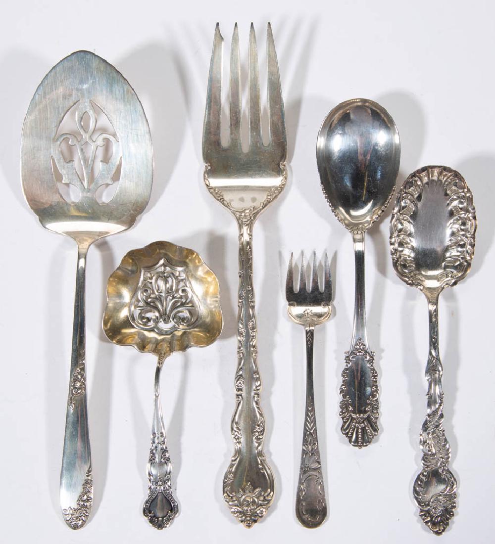 ASSORTED STERLING AND SILVER-PLATED FLATWARE, LOT OF: ASSORTED STERLING AND SILVER-PLATED FLATWARE, LOT OF SIX, sterling pieces comprising a "Feliciana" meat fork by Wallace Silversmiths, a "Sweetheart Rose" tomato server by Lunt Silversmiths, a sugar or