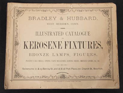 BRADLEY & HUBBARD LAMP DEALER / TRADE CATALOGUE: BRADLEY & HUBBARD LAMP DEALER / TRADE CATALOGUE, for "KEROSENE FIXTURES, BRONZE LAMPS, FIGURES, PATENT CALL BELLS, SPRING TAPE MEASURES, SEWING BIRDS, BRONZE GOODS, &C., &C.", two pages with added col