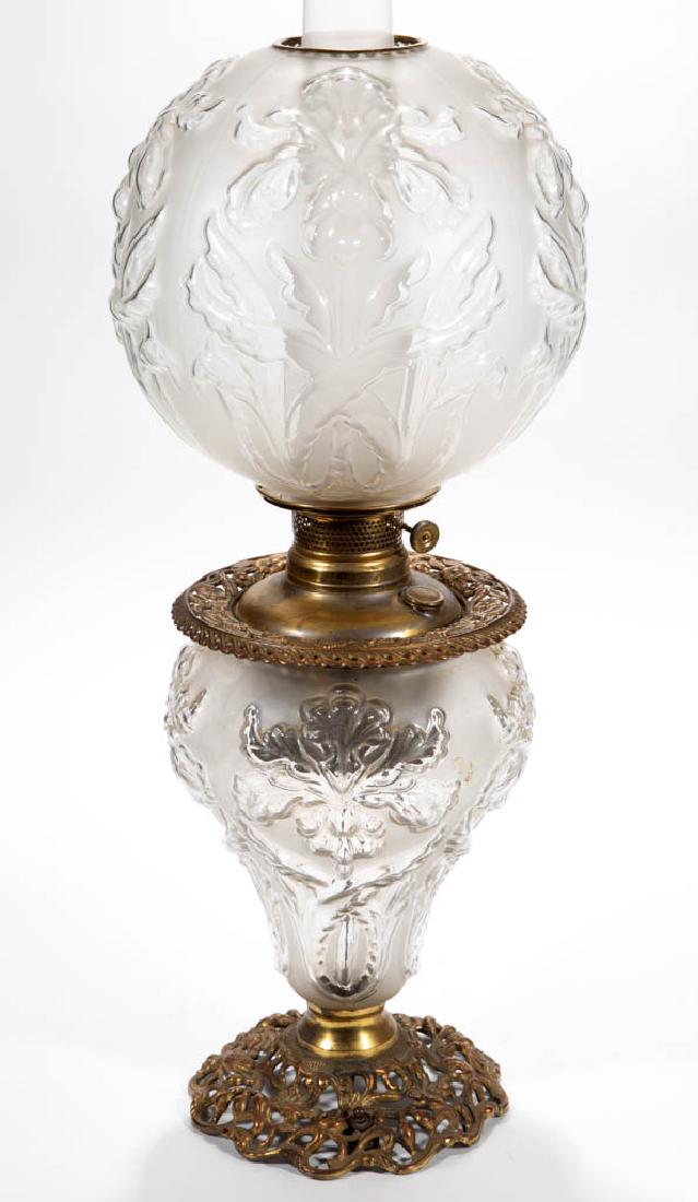 PITTSBURGH REGAL IRIS PARLOR / GONE WITH THE WIND LAMP: PITTSBURGH REGAL IRIS PARLOR / GONE WITH THE WIND LAMP, Crystal/colorless, satin finish to unmolded area, matching decorated ball-form shade with brass heat ring; elongated-form font vase with metal l