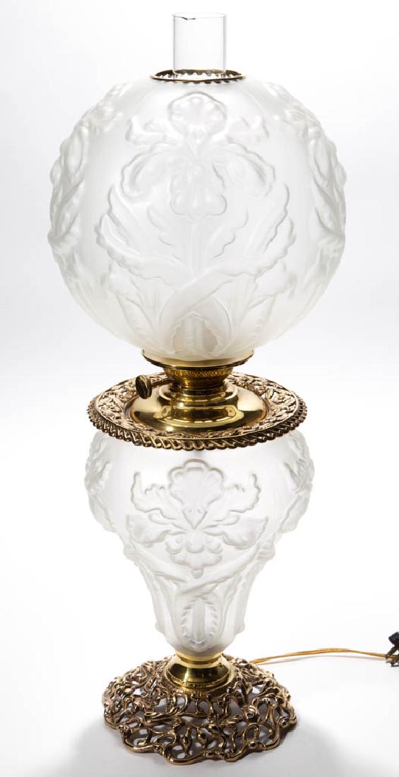 PITTSBURGH REGAL IRIS PARLOR / GONE WITH THE WIND LAMP: PITTSBURGH REGAL IRIS PARLOR / GONE WITH THE WIND LAMP, Crystal/colorless with satin finish, matching decorated ball-form shade with brass heat ring; elongated-form font vase, cast-iron floral pattern