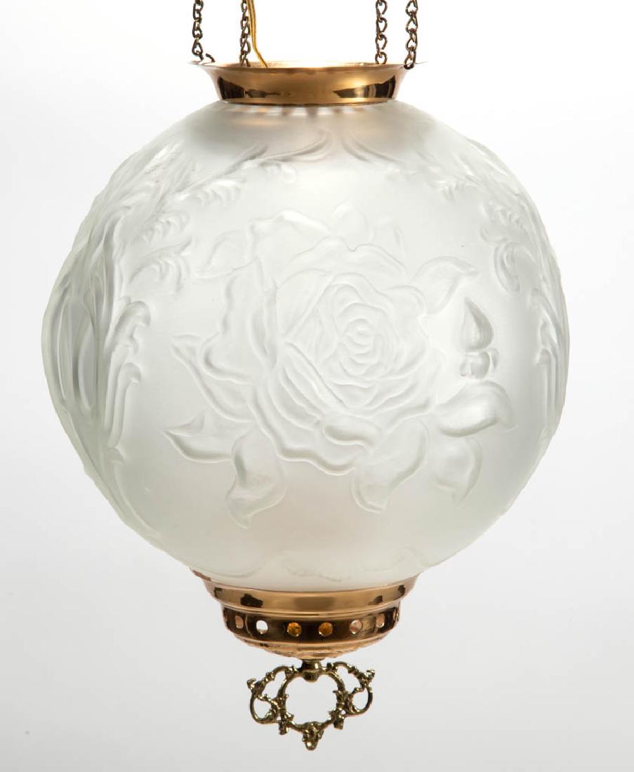 PITTSBURGH ROSE SATIN GLASS KEROSENE HALL LAMP: PITTSBURGH ROSE SATIN GLASS KEROSENE HALL LAMP, Crystal satin, spherical form, brass mount, end cap, and motor cover. Pittsburgh Lamp, Brass & Glass Co. Late 19th/early 20th century. 9 1/2" H shade, 4