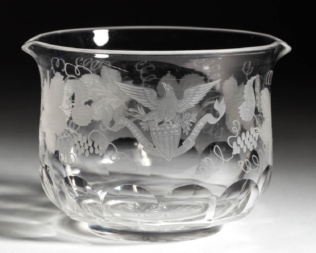 UNITED STATES PRESIDENT ANDREW JACKSON / FRANKLIN: UNITED STATES PRESIDENT ANDREW JACKSON / FRANKLIN PIERCE PATTERN WHITE HOUSE WINEGLASS COOLER / RINSER, colorless lead glass, deep form with two spouts, finely engraved with a spread-wing eagle perche