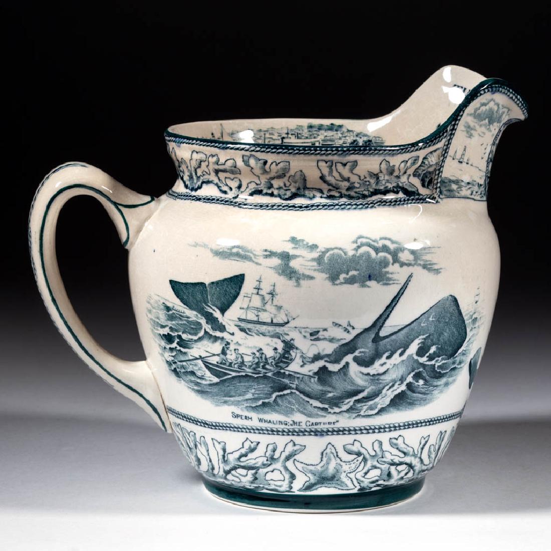 AMERICAN BUFFALO POTTERY "THE WHALING CITY" CERAMIC JUG: AMERICAN BUFFALO POTTERY "THE WHALING CITY" CERAMIC JUG, having a green transfer decoration showing "The Niger" ship and "Sperm Whaling" with "The WHALING CITY / SOUVENIR OF / NEW BEDFORD MASS" printe