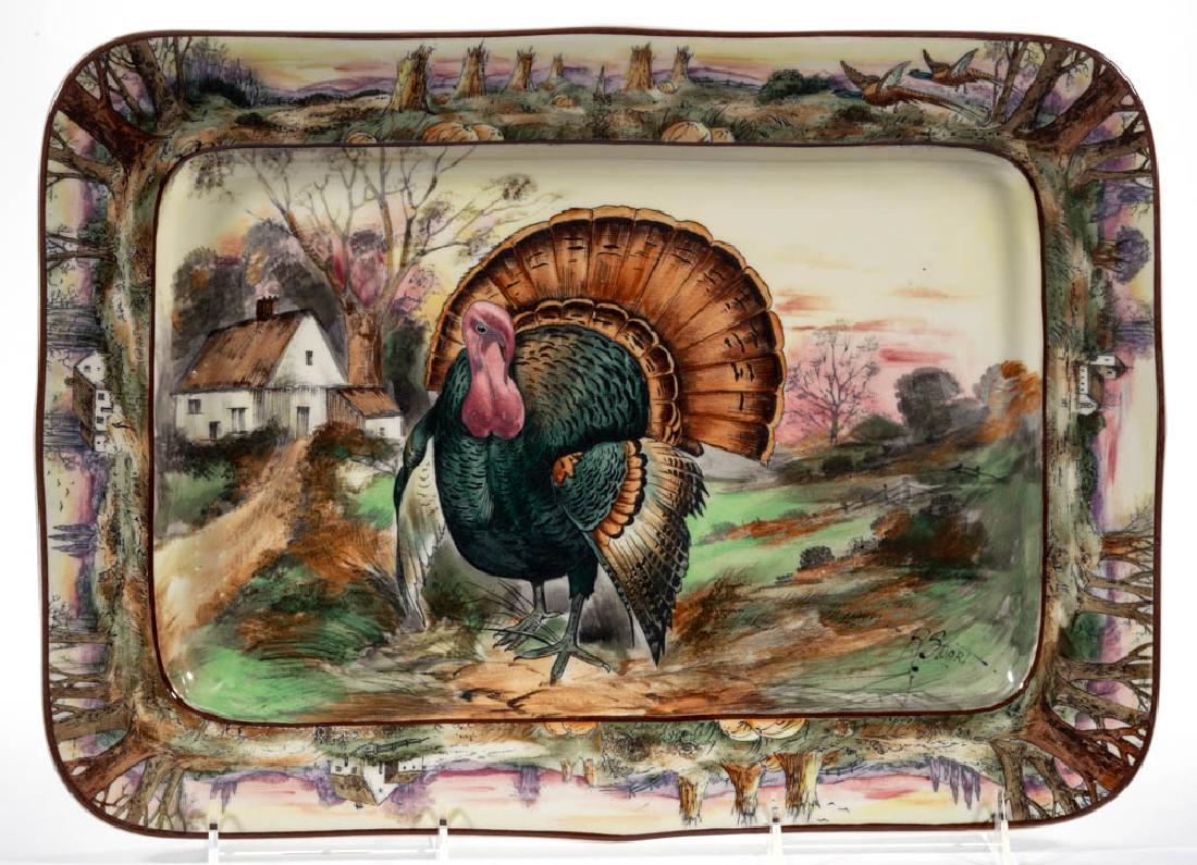 AMERICAN BUFFALO POTTERY RALPH STUART HAND-PAINTED: AMERICAN BUFFALO POTTERY RALPH STUART HAND-PAINTED TURKEY CERAMIC PLATTER, having a charming hand-painted polychrome turkey with country house in the background and border with corn shocks, pheasants,