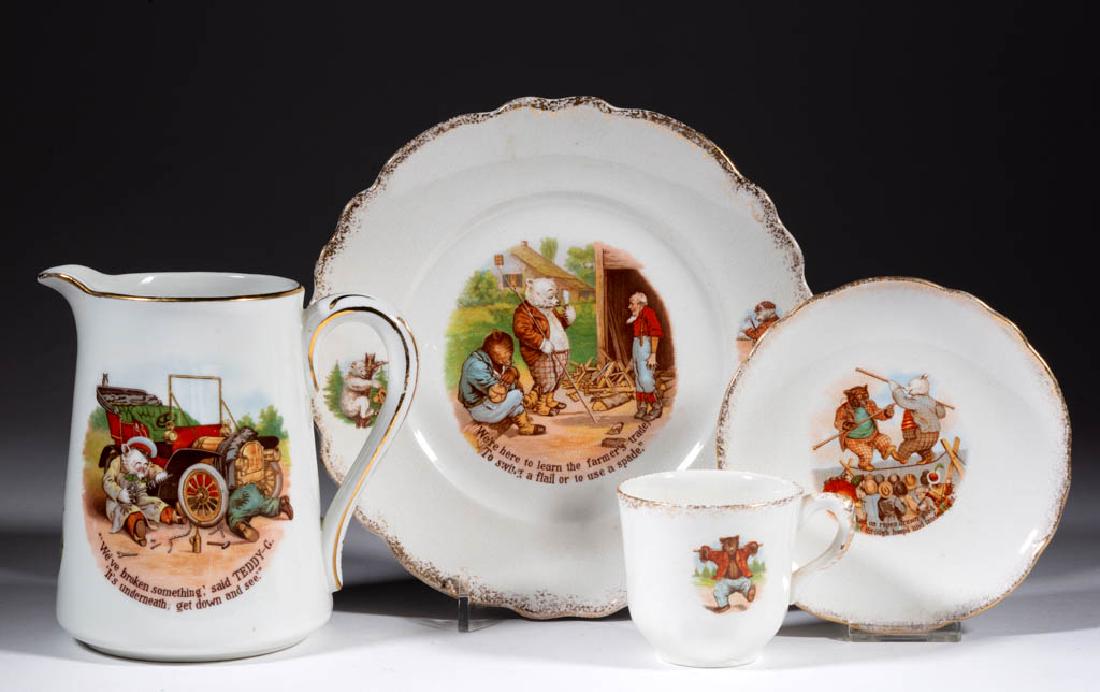 AMERICAN BUFFALO POTTERY ROOSEVELT BEARS CERAMIC: AMERICAN BUFFALO POTTERY ROOSEVELT BEARS CERAMIC ARTICLES, LOT OF FOUR, comprising one 7 3/8" D plate, one cup and saucer set, and one creamer/pitcher, all with polychrome images of the bears and gild