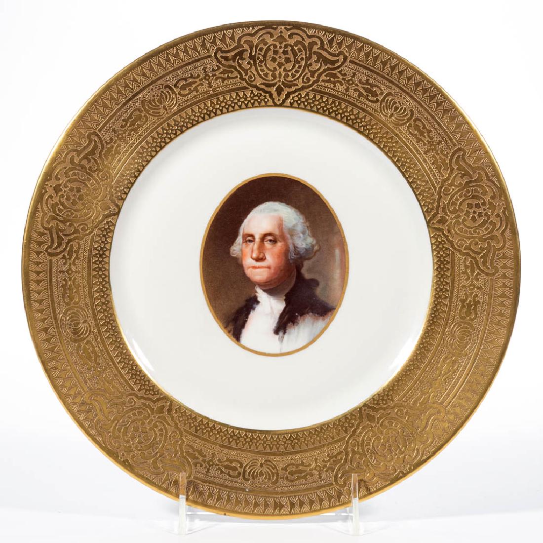 AMERICAN BUFFALO POTTERY GEORGE WASHINGTON CERAMIC: AMERICAN BUFFALO POTTERY GEORGE WASHINGTON CERAMIC PLATE, having a gold-embossed border with a central decal of George Washington. Printed mark "Ye Olde / Ivory / Buffalo China / MADE EXPRESSLY / FOR 
