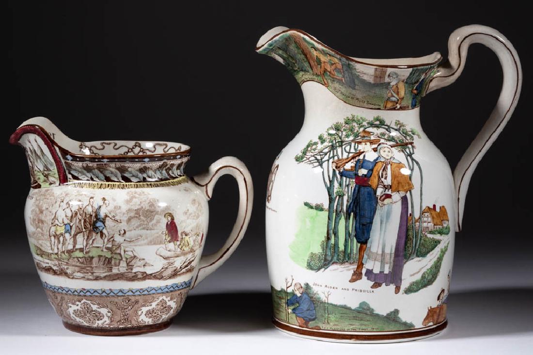 BUFFALO POTTERY AMERICAN HISTORICAL CERAMIC PITCHERS,: BUFFALO POTTERY AMERICAN HISTORICAL CERAMIC PITCHERS, LOT OF TWO, comprising one low bellied pitcher with "Landing of Roger Williams" printed to interior of spout, having brown transfer and polychrome