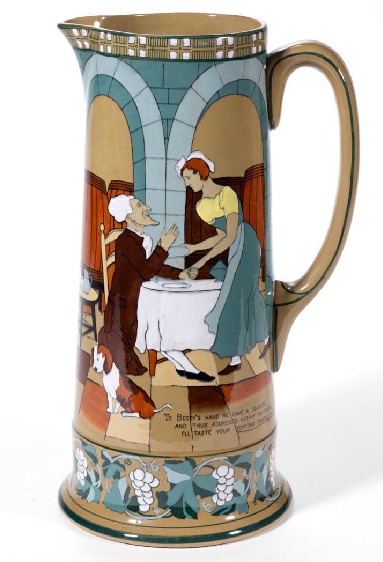 AMERICAN BUFFALO POTTERY EMERALD DELDARE DR. SYNTAX: AMERICAN BUFFALO POTTERY EMERALD DELDARE DR. SYNTAX CERAMIC TANKARD PITCHER, with scene "To Becky's Hand He Gave a Squeeze, / And Thus Address'd Her - "If You Please, / I'll Taste Your Tempting Toaste