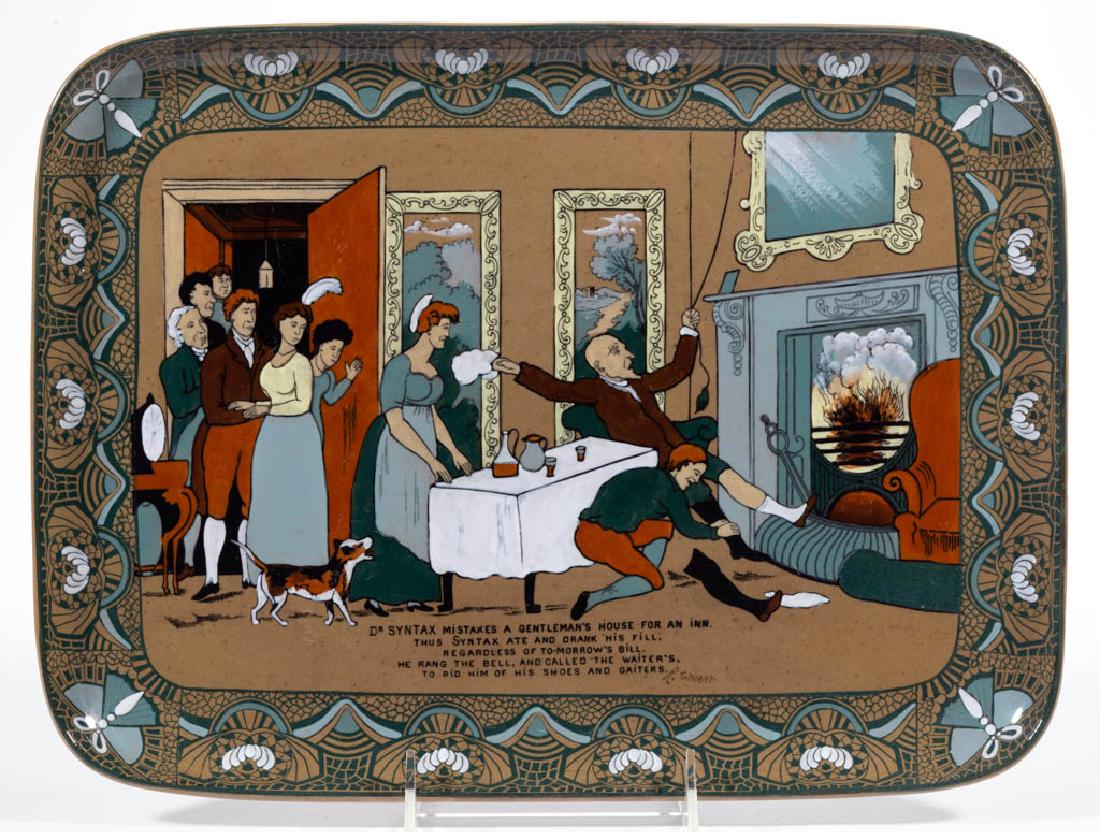 AMERICAN BUFFALO POTTERY EMERALD DELDARE RALPH STUART: AMERICAN BUFFALO POTTERY EMERALD DELDARE RALPH STUART DR. SYNTAX CERAMIC TRAY, with scene "Dr. Syntax Mistakes A Gentleman's House For An Inn" depicting a intoxicated man warming his feet by the fire,