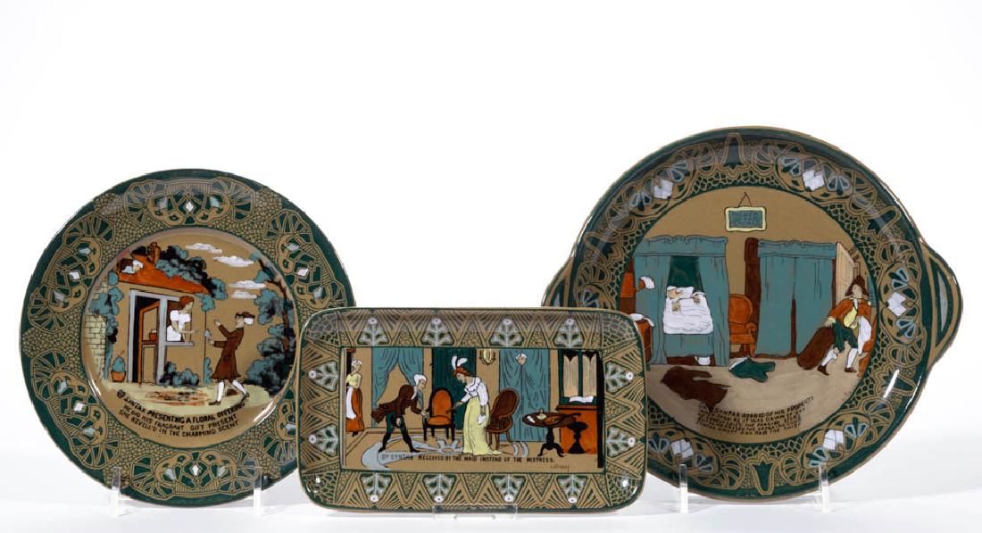 AMERICAN BUFFALO POTTERY EMERALD DELDARE DR. SYNTAX: AMERICAN BUFFALO POTTERY EMERALD DELDARE DR. SYNTAX CERAMIC ARTICLES, LOT OF THREE, comprising a 7 7/8" x 7" card tray with scene "Dr. Syntax Robbed Of His Property", a 6 3/8" x 3 3/4" rectangular pin