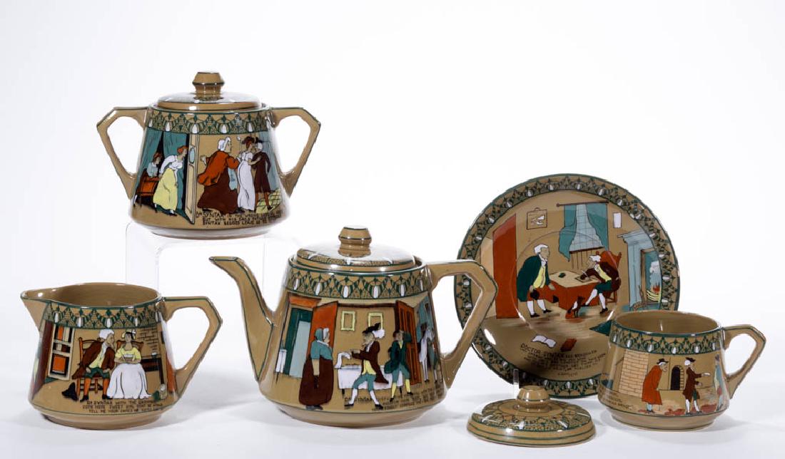 AMERICAN BUFFALO POTTERY EMERALD DELDARE DR. SYNTAX: AMERICAN BUFFALO POTTERY EMERALD DELDARE DR. SYNTAX CERAMIC TEA SET, FIVE PIECES, comprising a covered teapot, signed "E. Missel", and a covered two-handled sugar, signed "L. Newman", each having scen