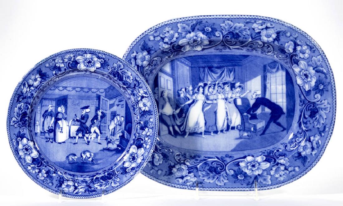 AMERICAN BUFFALO POTTERY BLUE TRANSFER-PRINTED DR.: AMERICAN BUFFALO POTTERY BLUE TRANSFER-PRINTED DR. SYNTAX CERAMIC ARTICLES, LOT OF TWO, comprising an oval platter with scene "Doctor Syntax / advertisement / for a Wife" and a 9 1/4" D plate with sce