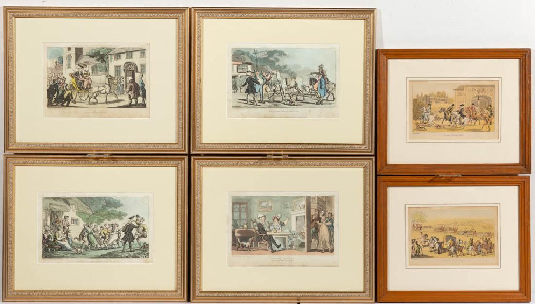 THOMAS ROWLANDSON (ENGLISH, 1756-1827) DR. SYNTAX: THOMAS ROWLANDSON (ENGLISH, 1756-1827) DR. SYNTAX SATIRICAL PRINTS, LOT OF FOUR, hand-colored etching on paper (each), with scenes including "Doctor Syntax, Rural Sport", "Dr Syntax Taking Possession 