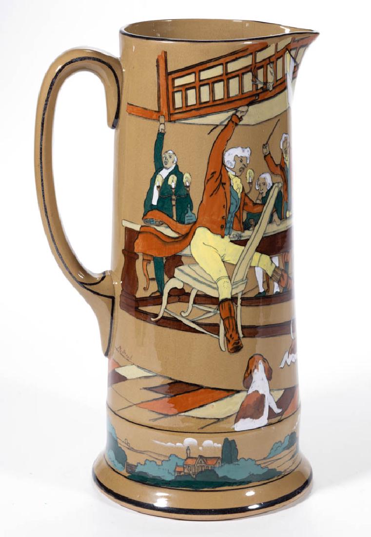 AMERICAN BUFFALO POTTERY DELDARE "THE FALLOWFIELD HUNT": AMERICAN BUFFALO POTTERY DELDARE "THE FALLOWFIELD HUNT" CERAMIC TANKARD PITCHER, having colonial tavern scene depicting "The Hunt Supper" with border design of period houses and the countryside, signe