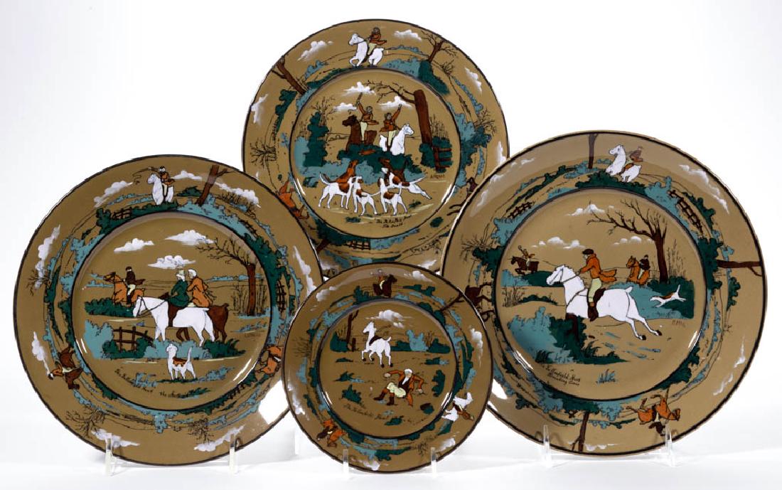 AMERICAN BUFFALO POTTERY DELDARE "THE FALLOWFIELD HUNT": AMERICAN BUFFALO POTTERY DELDARE "THE FALLOWFIELD HUNT" CERAMIC PLATES, LOT OF FOUR, having scenes including "Breaking Cover.", "The Death.", and "The Start." each on olive ground, with signatures "L.