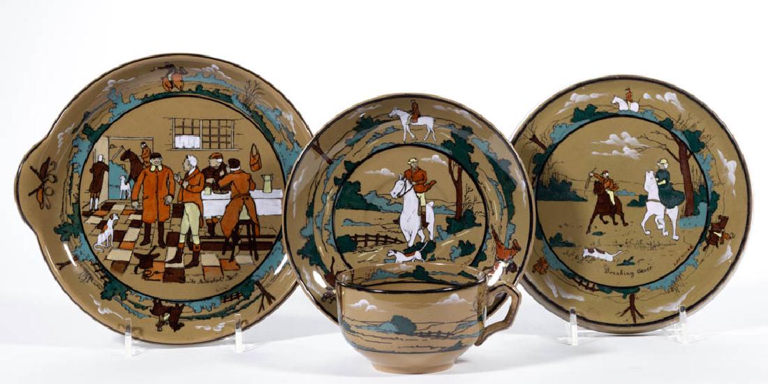 AMERICAN BUFFALO POTTERY DELDARE "THE FALLOWFIELD HUNT": AMERICAN BUFFALO POTTERY DELDARE "THE FALLOWFIELD HUNT" CERAMIC ARTICLES, LOT OF FOUR, comprising a card tray having interior scene of men and dog around table, a 6 1/4" D circular tea tile with scene