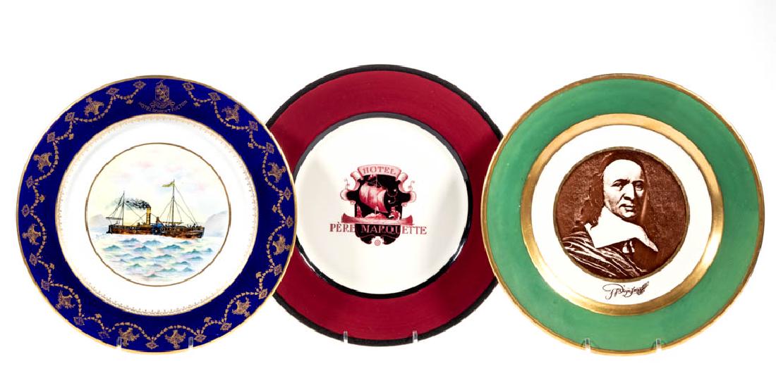 AMERICAN BUFFALO POTTERY HOTEL CERAMIC PLATES, LOT OF: AMERICAN BUFFALO POTTERY HOTEL CERAMIC PLATES, LOT OF THREE, comprising one having a central polychrome hand-painted design of the Clearmont steamboat with gilt swag and floral decoration over a deep