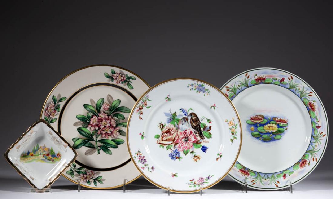 AMERICAN BUFFALO POTTERY HAND-PAINTED CERAMIC ARTICLES,: AMERICAN BUFFALO POTTERY HAND-PAINTED CERAMIC ARTICLES, LOT OF FOUR, comprising one having a charming lily pad design and one with a polychrome mountain laurel motif, each unsigned but attributed to R