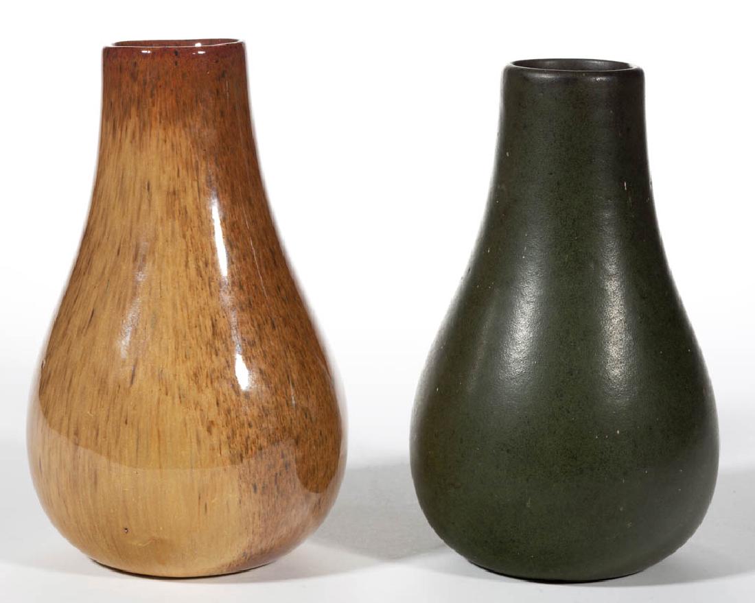 AMERICAN ART POTTERY VASES, LOT OF TWO: AMERICAN ART POTTERY VASES, LOT OF TWO, one having dark olive green matte glaze and one with autumnal glossy glaze, each having a straight lipped, bulbous bottle shape. One having "No 407 / 90 / [?]00