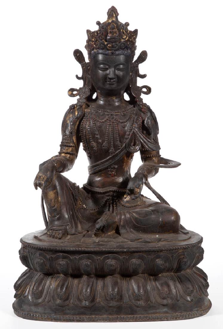 CHINESE BRONZE KARANA MUDRA BUDDHA STATUE: CHINESE BRONZE KARANA MUDRA BUDDHA STATUE, with index and little finger pointing upwards, a hand gesture to dispel negative energy. Probably 20th century. 17 3/4" H, 12" W.Very good as-found condition
