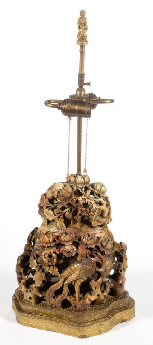 CHINESE CARVED SOAPSTONE COVERED VASE MOUNTED: CHINESE CARVED SOAPSTONE COVERED VASE MOUNTED ELECTRIFIED LAMP, (updated 4/24/2019) vase having high-relief carving featuring two fenghuang bird among blossoming chrysanthemum flowers, etched accents 