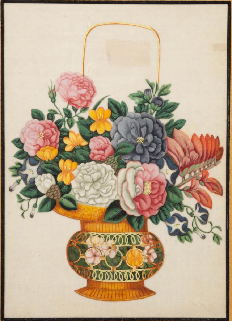 CHINESE FLOWER BASKET STILL-LIFE PAINTING: CHINESE FLOWER BASKET STILL-LIFE PAINTING, watercolor on pith paper, featuring vibrant flowers in a basket, no signature located. Retains merchant sticker for Paul B. Victorius in Charlottesville, Vir