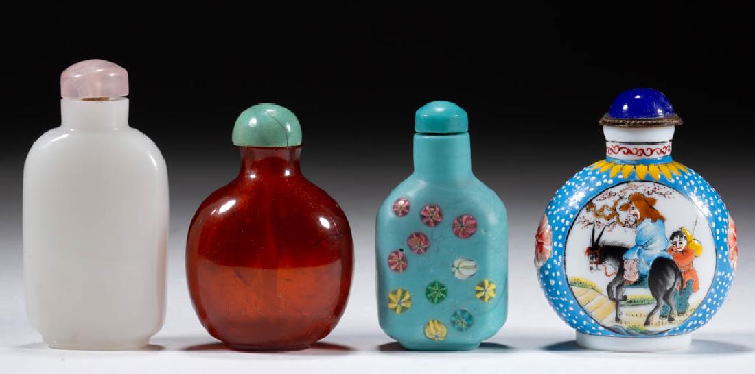 CHINESE GLASS SNUFF BOTTLES, LOT OF THREE: CHINESE GLASS SNUFF BOTTLES, LOT OF THREE, one having bright polychrome enamel relief decoration of individual reading and a figure riding a donkey on opposite side with red four character Yongzheng N