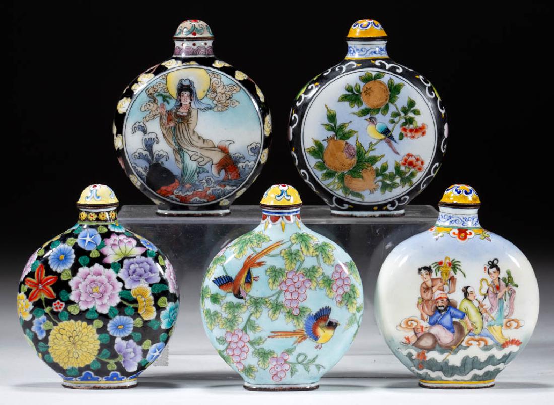 CHINESE ENAMELED METAL SNUFF BOTTLES, LOT OF FIVE: CHINESE ENAMELED METAL SNUFF BOTTLES, LOT OF FIVE, each having circular body with caps and polychrome hand-painted decorations, including two with bird and fruit motifs, one with image of the Eight Im