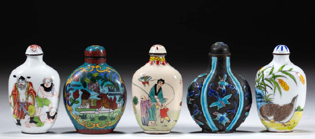CHINESE ENAMELED METAL SNUFF BOTTLES, LOT OF FIVE: CHINESE ENAMELED METAL SNUFF BOTTLES, LOT OF FIVE, each having polychrome hand-painted decorations and caps, including one having relief molded moth decoration with stamped "CHINA" under enamel on bas
