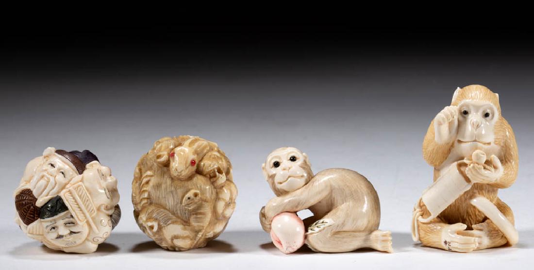 CHINESE / JAPANESE CARVED BONE FIGURAL NETSUKE, LOT OF: CHINESE / JAPANESE CARVED BONE FIGURAL NETSUKE, LOT OF FOUR, comprising one example with the 12 Chinese zodiac animals, one having seven faces probably of the Seven Lucky Gods, and two monkeys. Each s