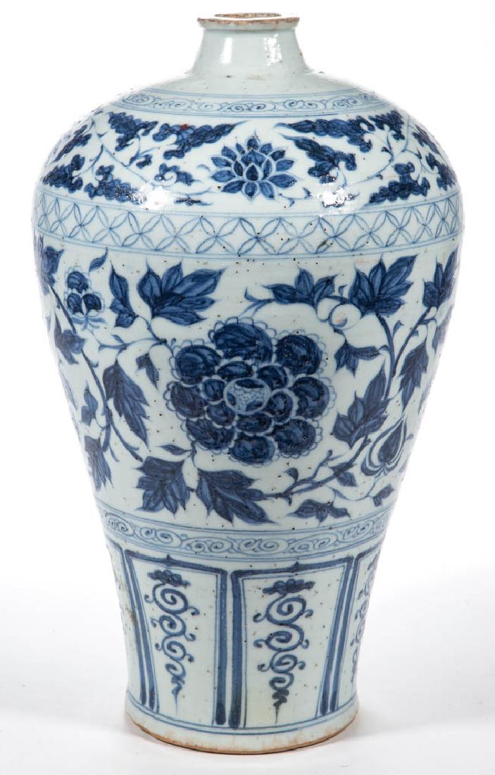 CHINESE STONEWARE QING-STYLE MEIPING BLUE AND WHITE: CHINESE STONEWARE QING-STYLE MEIPING BLUE AND WHITE VASE, with floral and leaf motif. Unmarked. 19th century or later. 16 1/2" H.Undamaged, except wear to lip with overall minor to moderate glaze blis
