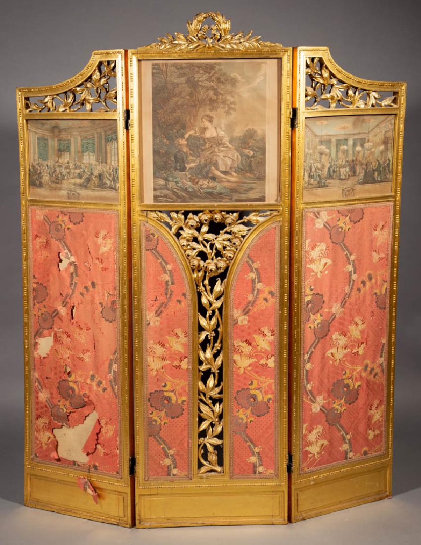 FRENCH GILT-WOOD FRAME THREE-FOLD DRESSING / TAPESTRY: FRENCH GILT-WOOD FRAME THREE-FOLD DRESSING / TAPESTRY SCREEN, each panel with a French colored print, comprising "Le Bal Pare A Monsieur de Villemorien Fila" and "Le Conert." by Antoine-Jean Duclos af