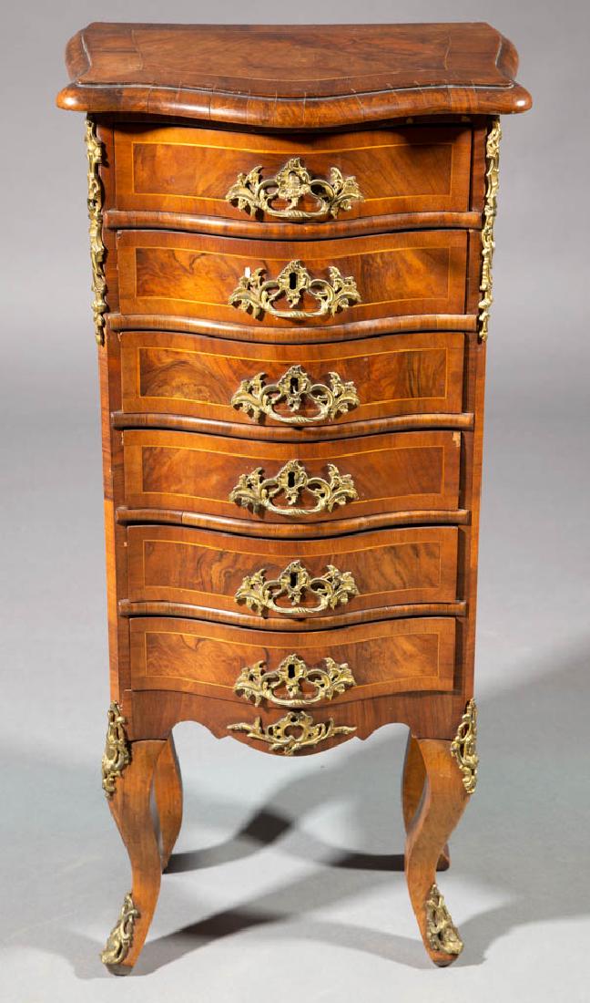 FRENCH LOUIS XV-STYLE ORMOLU-MOUNTED LINGERIE CHEST: FRENCH LOUIS XV-STYLE ORMOLU-MOUNTED LINGERIE CHEST, serpentine front, six dovetailed-drawers, with possibly original key, all raised on typical cabriole legs. Pine secondary wood. Retains an old surf
