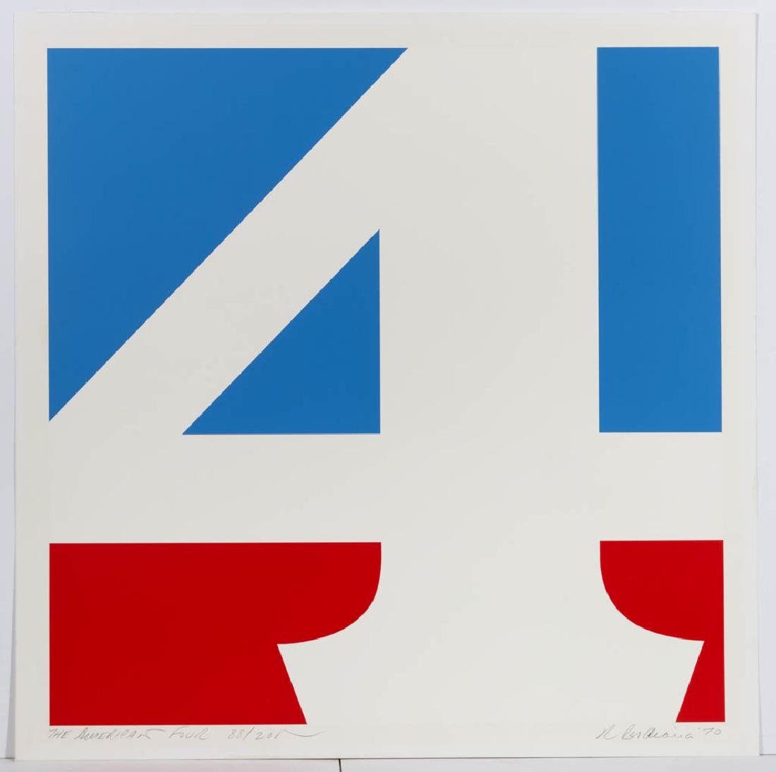ROBERT INDIANA (1928-2018) "THE AMERICAN FOUR" POSTER: ROBERT INDIANA (1928-2018) "THE AMERICAN FOUR" POSTER, screen print in colors, pencil signed, titled, and numbered "88/100" in lower margin, published by the Museum of Modern Art in New York. Unframed