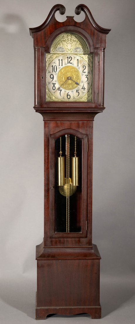 AMERICAN MAHOGANY TALL-CASE CLOCK: AMERICAN MAHOGANY TALL-CASE CLOCK, brass eight-day movement, hood with swan's neck pediment, movement marked on front "83" and on the backside "Germany 1383", clock maker label attached "William H. He