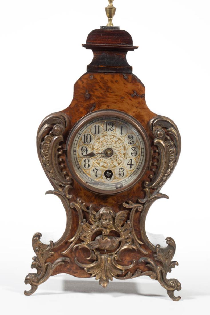GERMAN LENZKIRCH NEUCHATEL-STYLE MANTLE CLOCK: GERMAN LENZKIRCH NEUCHATEL-STYLE MANTLE CLOCK, brass movement marked "Lenzkirch / A.U.G." with pine bough trademark and "752106" for serial number 752106, and additionally numbered "41" and "R/A", eig